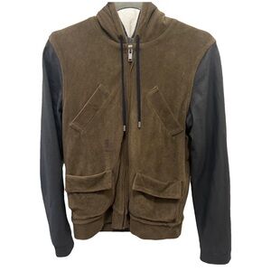 LACOSTE Leather & Corduroy Black & Olive Green Colorblock Hooded Jacket